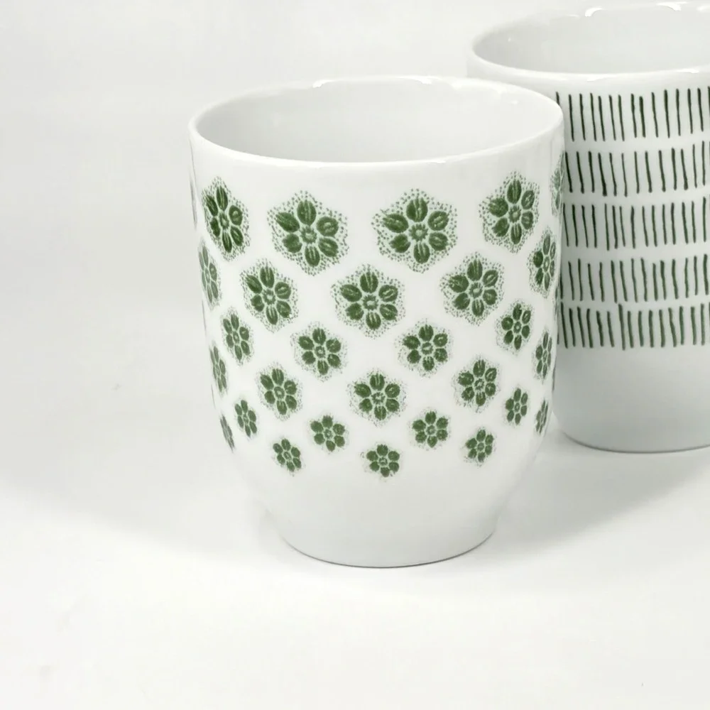 IKEA Entusiasm Mixed Pattern Green Cups Set of 4 Floral Dot Stripe Mugs Tumblers